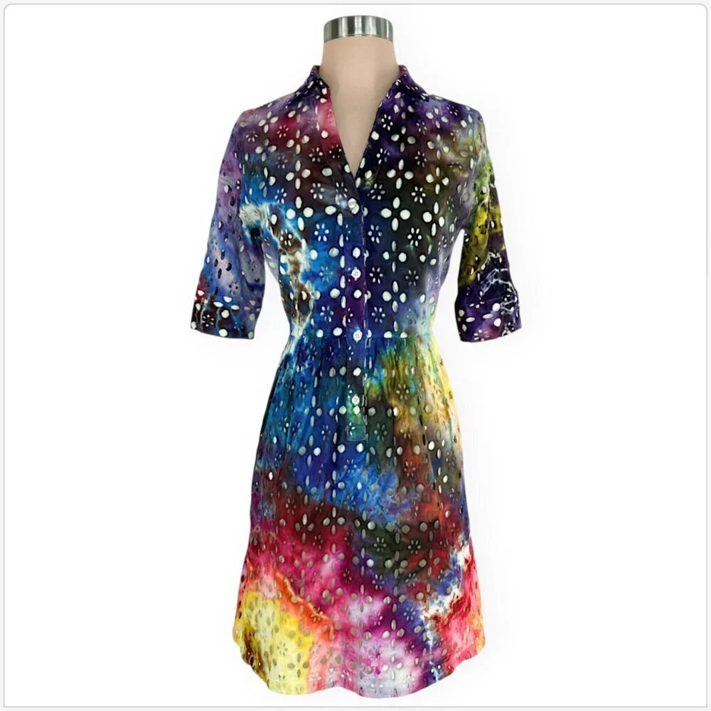 Outback Red Tie Dye Rainbow Colorful Multi Color Eyelet Lace Fit & Flare Dress 6 - Picture 2 of 5